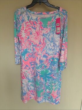 Lilly Pulitzer Pink, Aqua & White Floral Midi Shift Dress with Jewel Buttons
